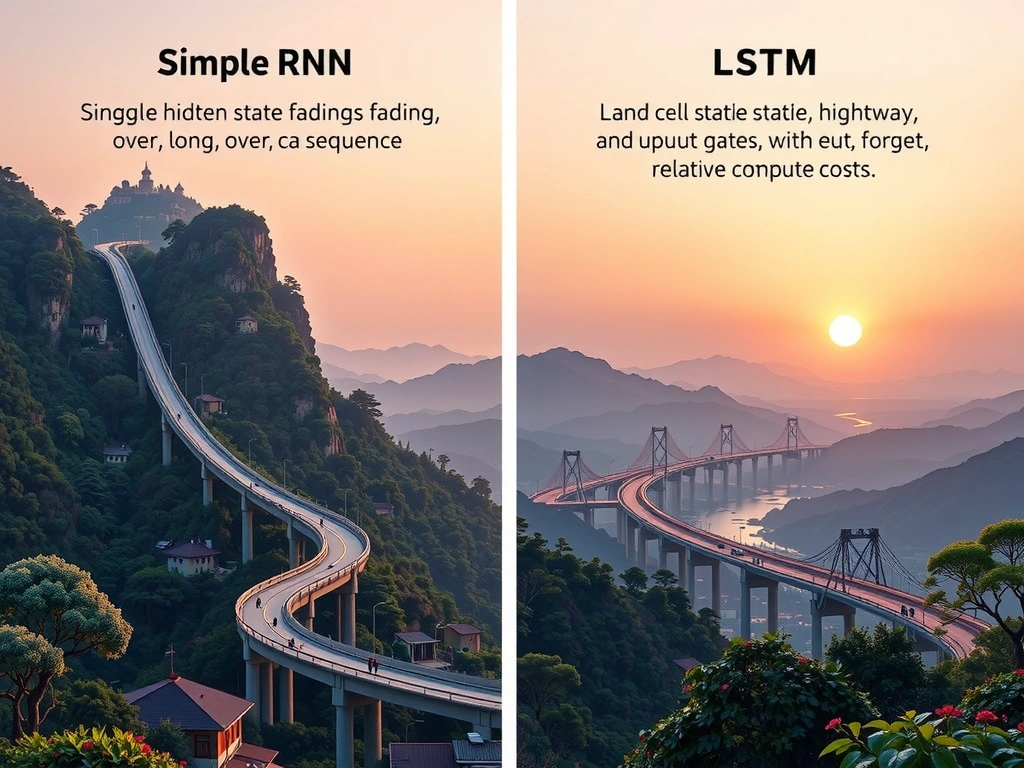 Simple RNN vs LSTM: single hidden state fading over long sequence; LSTM cell state highway with input, forget, and output gates; labels for long-term dependency handling and relative compute cost.