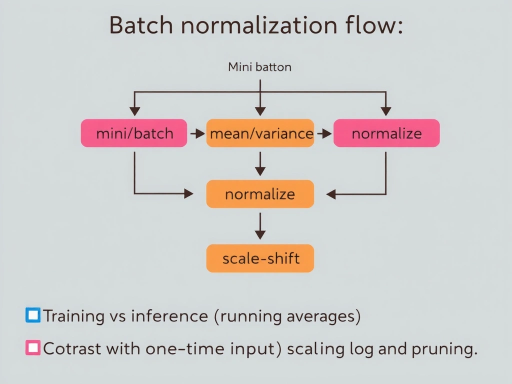 Batch normalization flow: mini-batch activations, mean/variance, normalize, gamma/beta scale-shift; training vs inference (running averages); contrast with one-time input scaling and pruning.