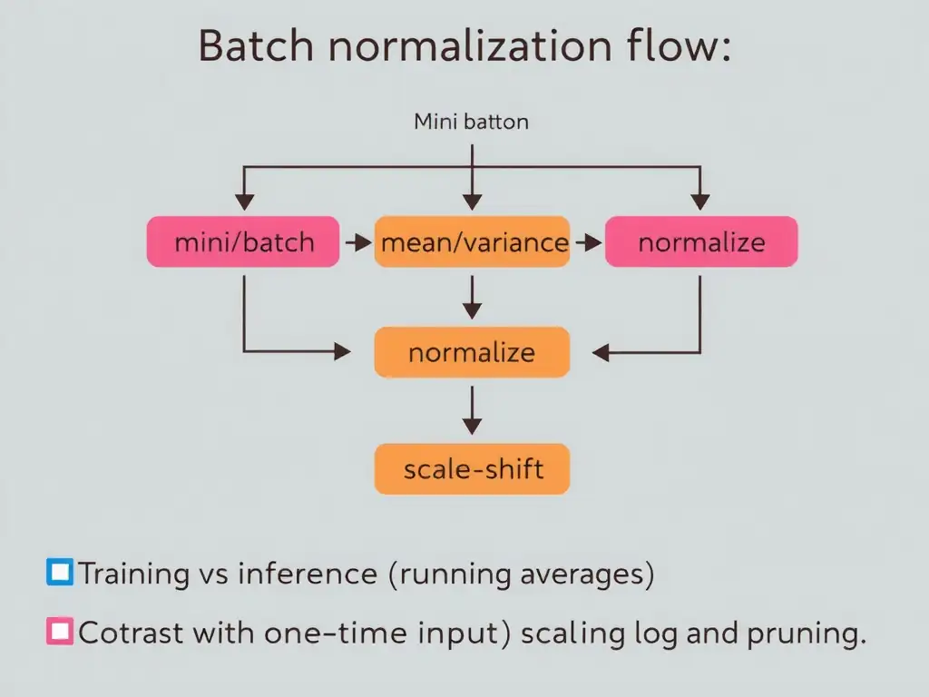 Batch normalization flow: mini-batch activations, mean/variance, normalize, gamma/beta scale-shift; training vs inference (running averages); contrast with one-time input scaling and pruning.