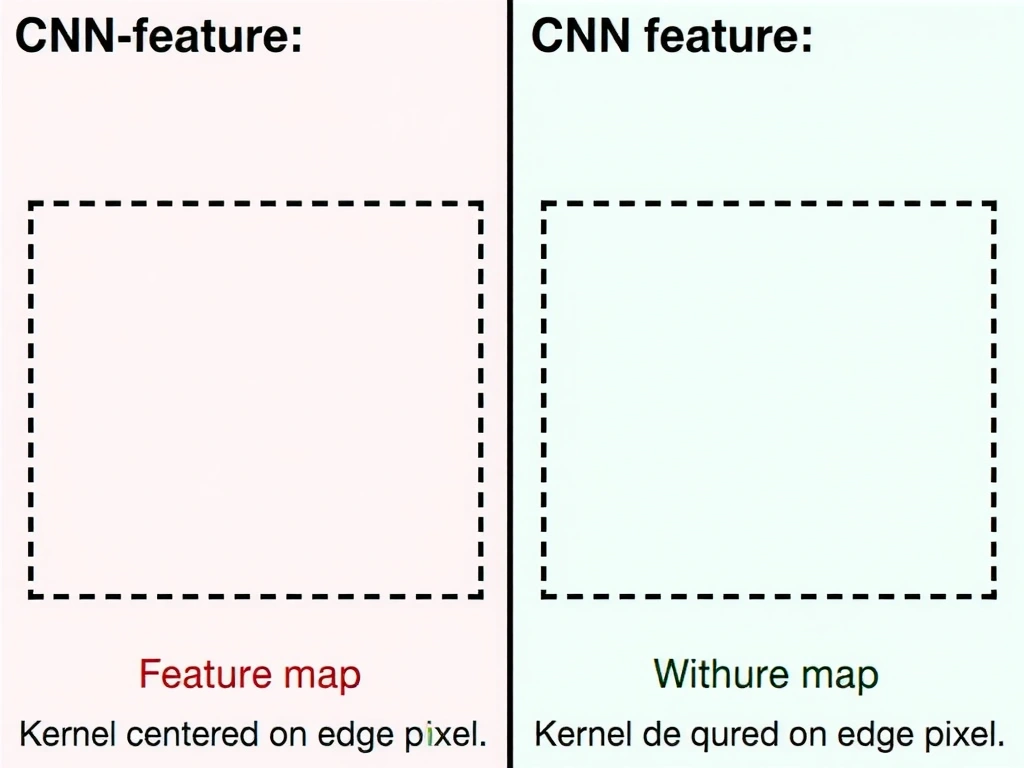 CNN feature map with and without zero-padding border; kernel centered on edge pixel; labels for same vs valid padding, output size preservation, and contrasts with resize/crop/add-layers.