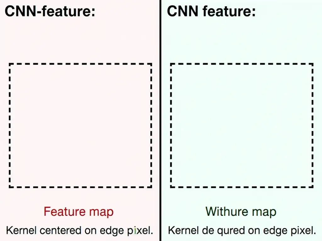 CNN feature map with and without zero-padding border; kernel centered on edge pixel; labels for same vs valid padding, output size preservation, and contrasts with resize/crop/add-layers.