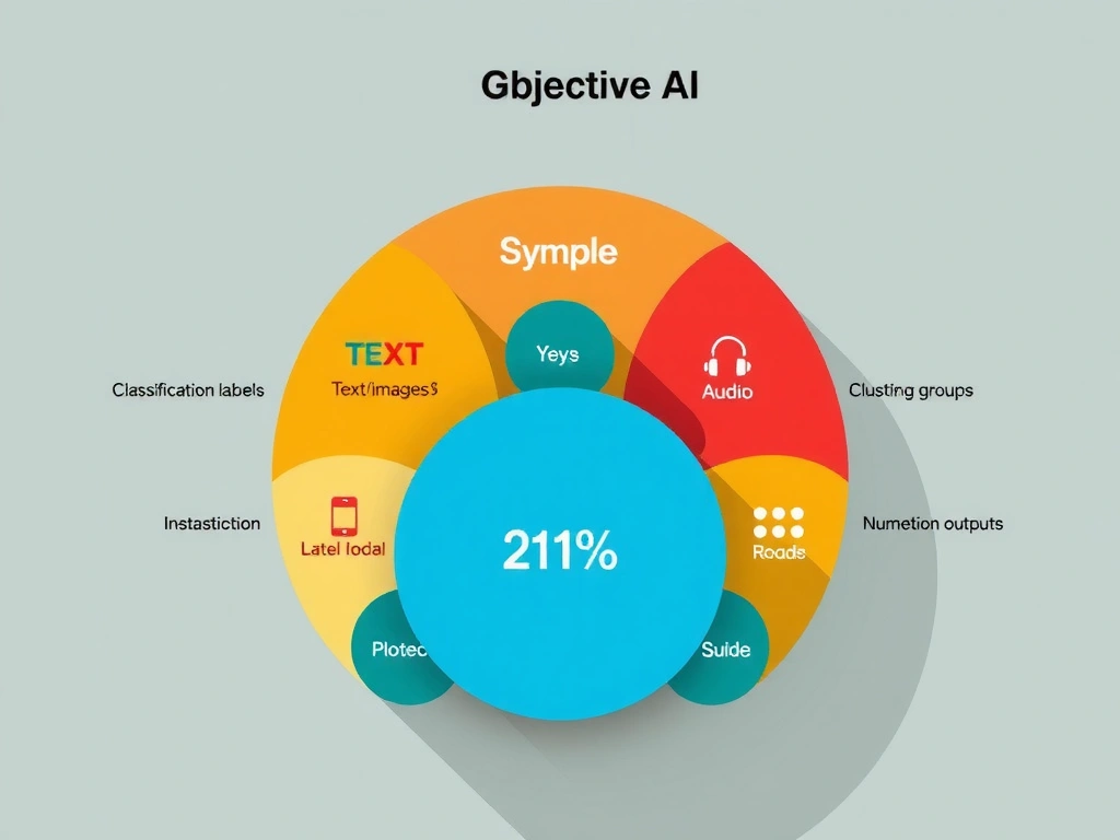 Generative AI objective diagram: training data distribution to model to new synthetic samples (text/image/audio icons); side contrasts with classification labels, clustering groups, and regression numeric outputs.