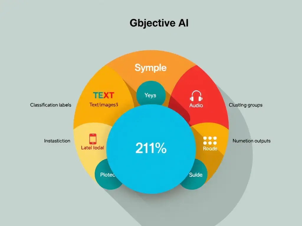 Generative AI objective diagram: training data distribution to model to new synthetic samples (text/image/audio icons); side contrasts with classification labels, clustering groups, and regression numeric outputs.