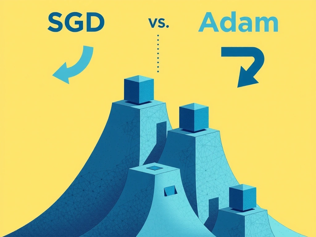 SGD vs Adam: single global learning-rate arrow vs per-parameter adaptive steps from first/second moment estimates; memory/compute note; not clustering, not small-data-only.