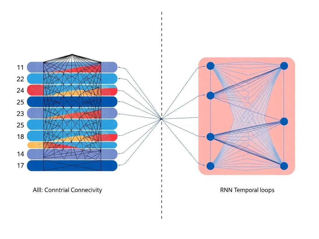 Dense multilayer network diagram with all-to-all edges between layers; contrast panels for local convolutional connectivity and RNN temporal loops; note that supervised training is common.