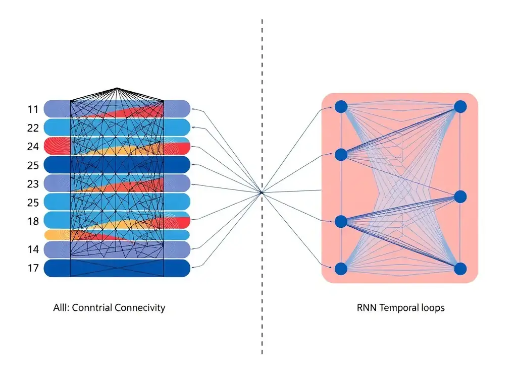 Dense multilayer network diagram with all-to-all edges between layers; contrast panels for local convolutional connectivity and RNN temporal loops; note that supervised training is common.