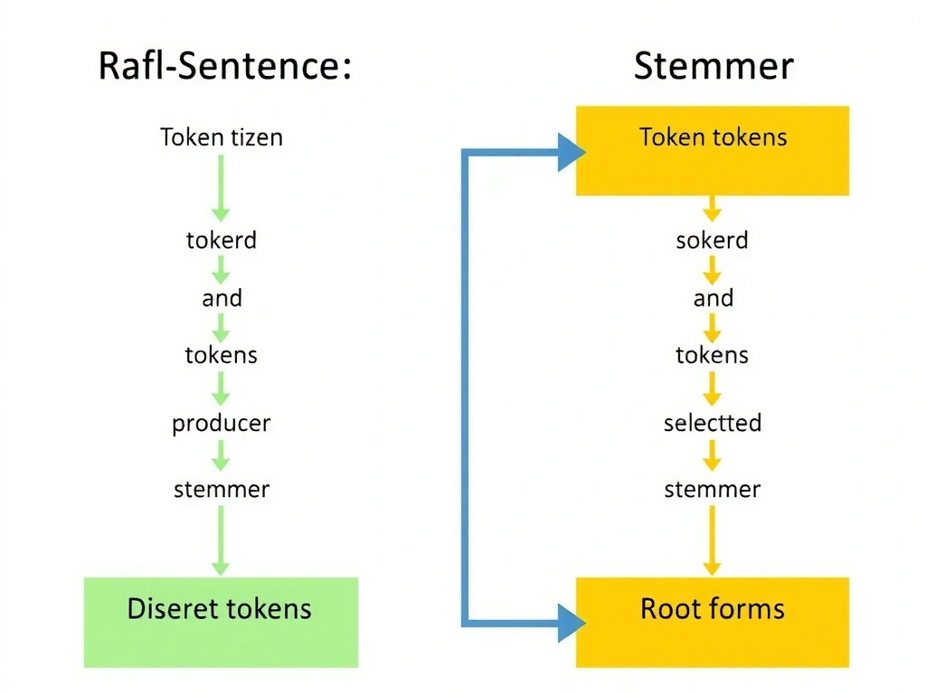 Side-by-side comparison of NLP preprocessing: raw sentence flowing into a tokenizer producing discrete tokens, then selected word tokens flowing into a stemmer producing root forms; labels for tokenization vs stemming purposes and common pipeline order.