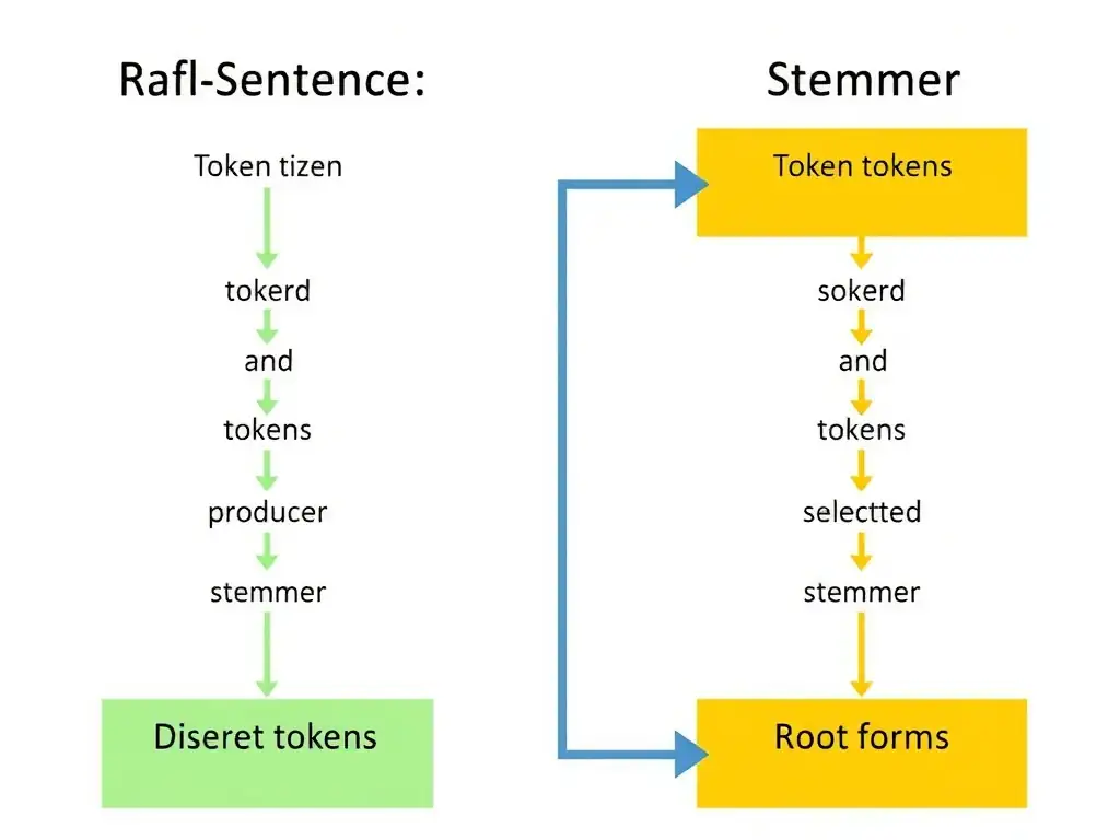 Side-by-side comparison of NLP preprocessing: raw sentence flowing into a tokenizer producing discrete tokens, then selected word tokens flowing into a stemmer producing root forms; labels for tokenization vs stemming purposes and common pipeline order.