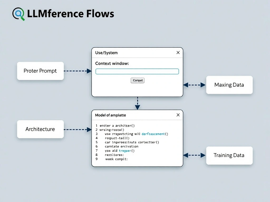 Diagram of LLM inference flow: user/system prompt entering the context window, model generating a completion; callouts distinguishing prompt vs architecture vs training data vs output.