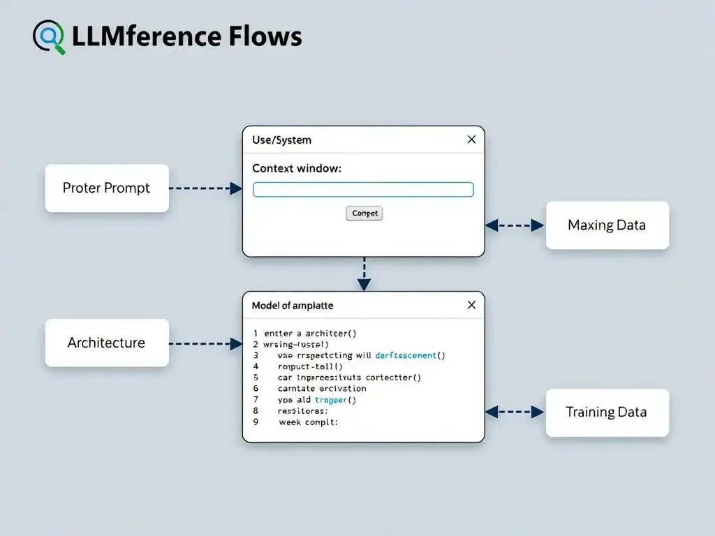 Diagram of LLM inference flow: user/system prompt entering the context window, model generating a completion; callouts distinguishing prompt vs architecture vs training data vs output.