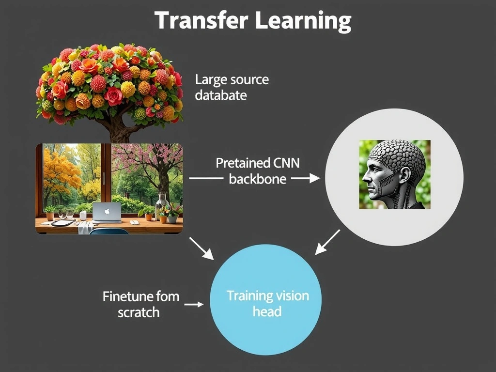 Transfer learning concept map: large source dataset and pretrained CNN backbone, arrow to smaller target dataset and fine-tuned head for a related vision task; contrast bubble for training from scratch.