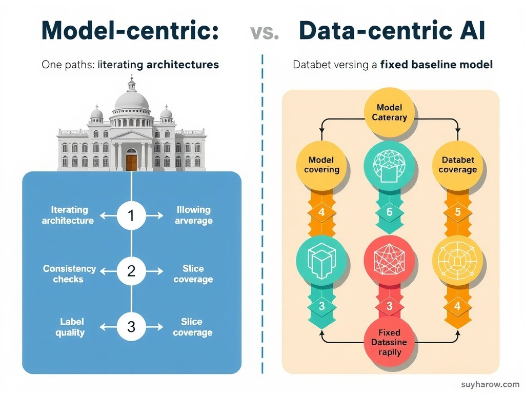 Contrast diagram of model-centric vs data-centric AI: one path iterating architectures, the other iterating label quality, consistency checks, slice coverage, and dataset versioning with a fixed baseline model.
