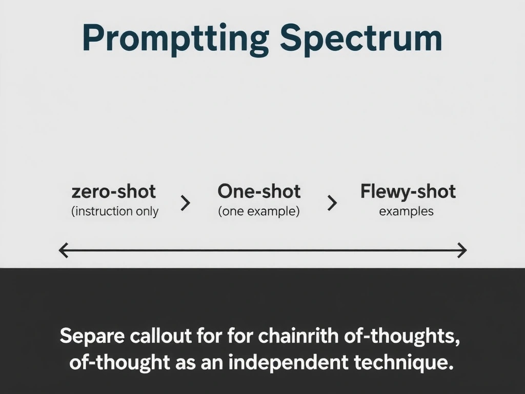 Prompting spectrum graphic: zero-shot (instruction only), one-shot (one example), few-shot (multiple examples), with a separate callout for chain-of-thought as an independent technique.