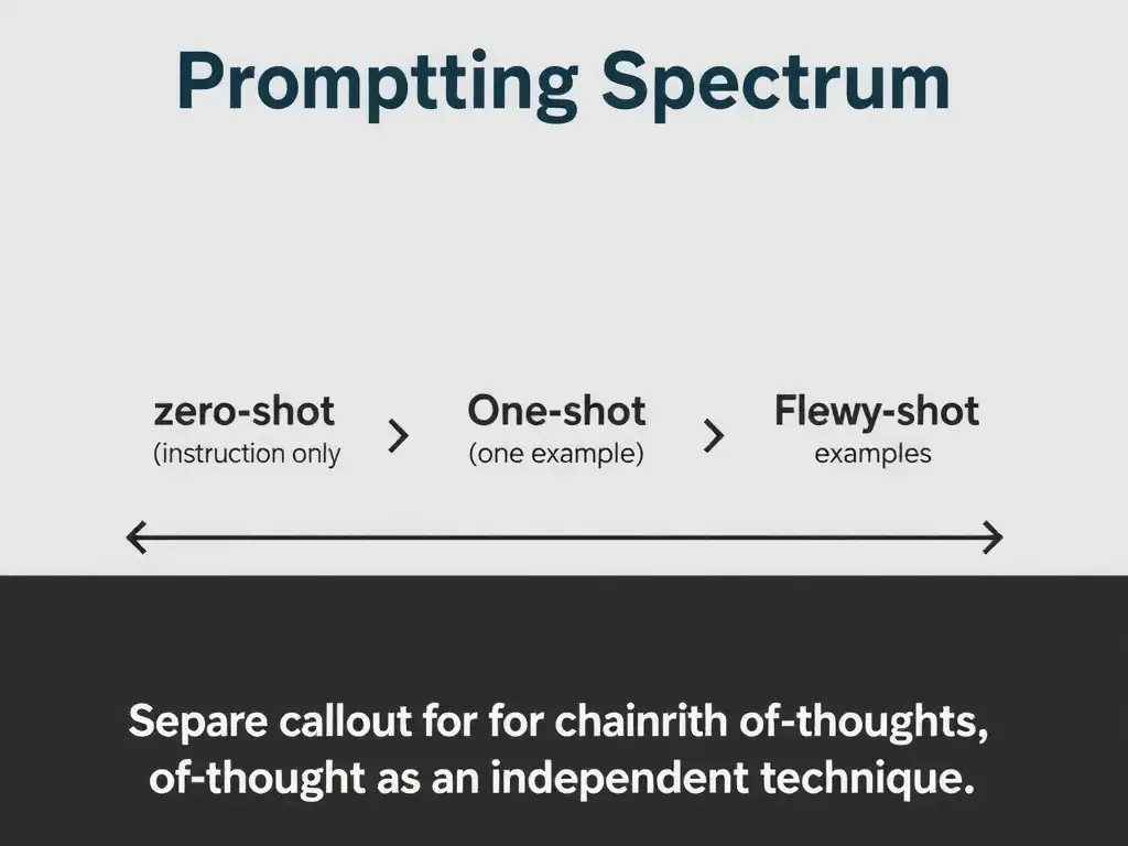 Prompting spectrum graphic: zero-shot (instruction only), one-shot (one example), few-shot (multiple examples), with a separate callout for chain-of-thought as an independent technique.