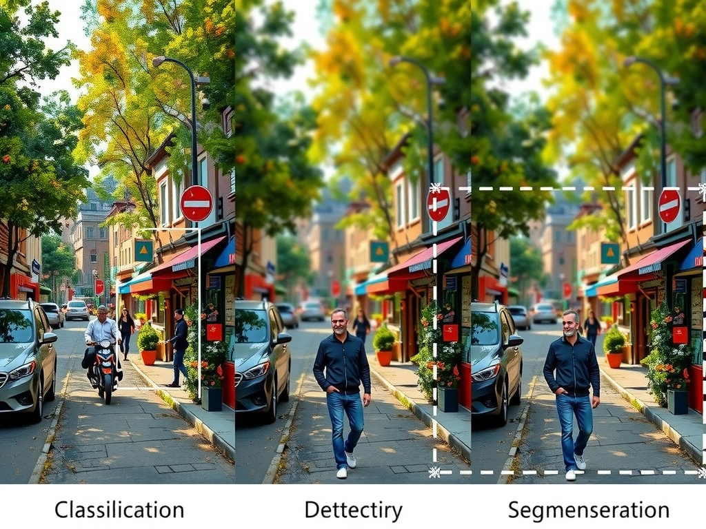 Visual comparison of image classification vs object detection vs semantic segmentation outputs on the same street scene, highlighting pixel masks and annotation effort for segmentation.