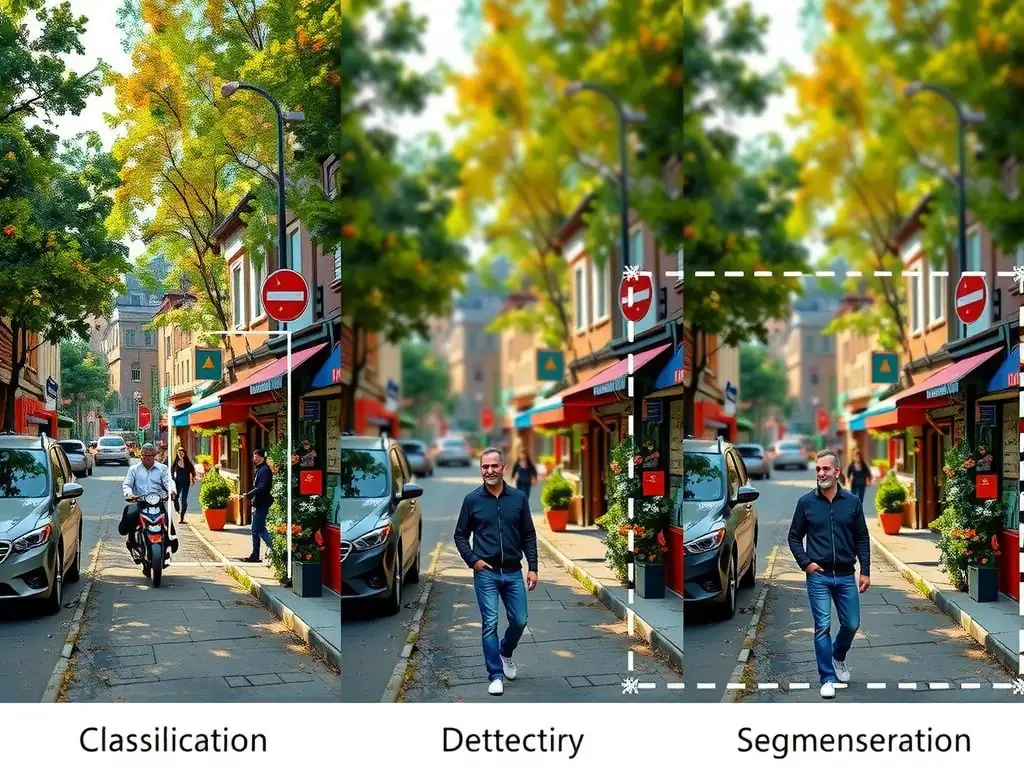 Visual comparison of image classification vs object detection vs semantic segmentation outputs on the same street scene, highlighting pixel masks and annotation effort for segmentation.