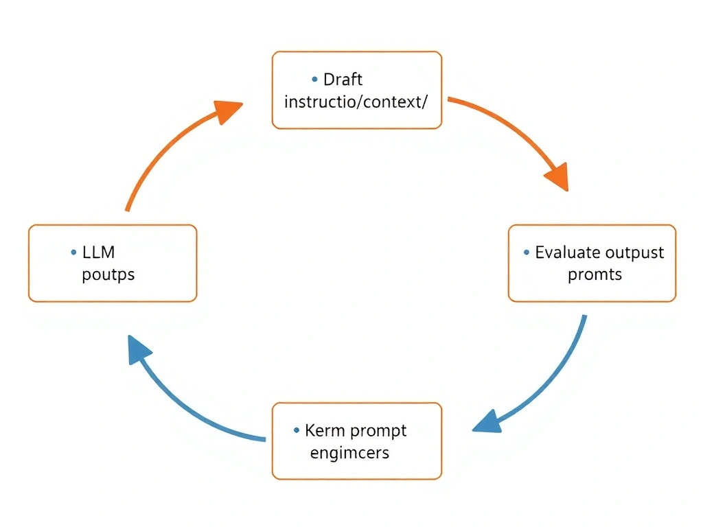 Cycle diagram of prompt engineering: draft instruction/context/examples, run LLM, evaluate outputs, refine prompt; side notes excluding training-from-scratch and kernel engineering.