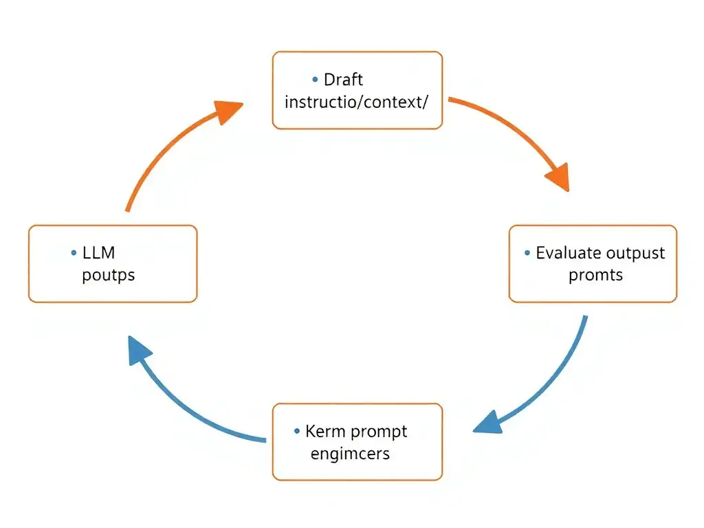 Cycle diagram of prompt engineering: draft instruction/context/examples, run LLM, evaluate outputs, refine prompt; side notes excluding training-from-scratch and kernel engineering.