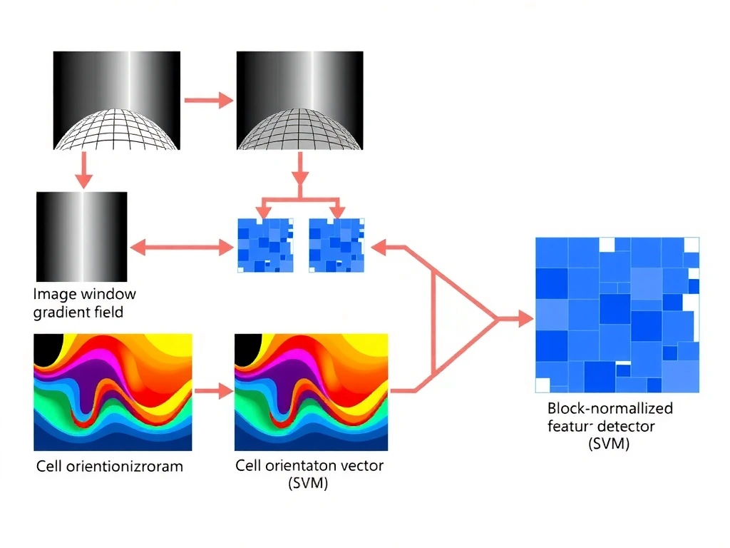 HOG pipeline schematic: image window to gradient field to cell orientation histograms to block-normalized feature vector feeding an object detector/SVM; labels clarifying it is a feature descriptor.
