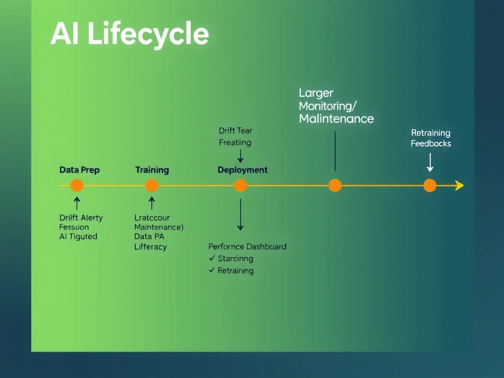 AI lifecycle timeline highlighting data prep, training, deployment, and a larger monitoring/maintenance stage with drift alerts, performance dashboards, and retraining feedback arrows for a fraud model.