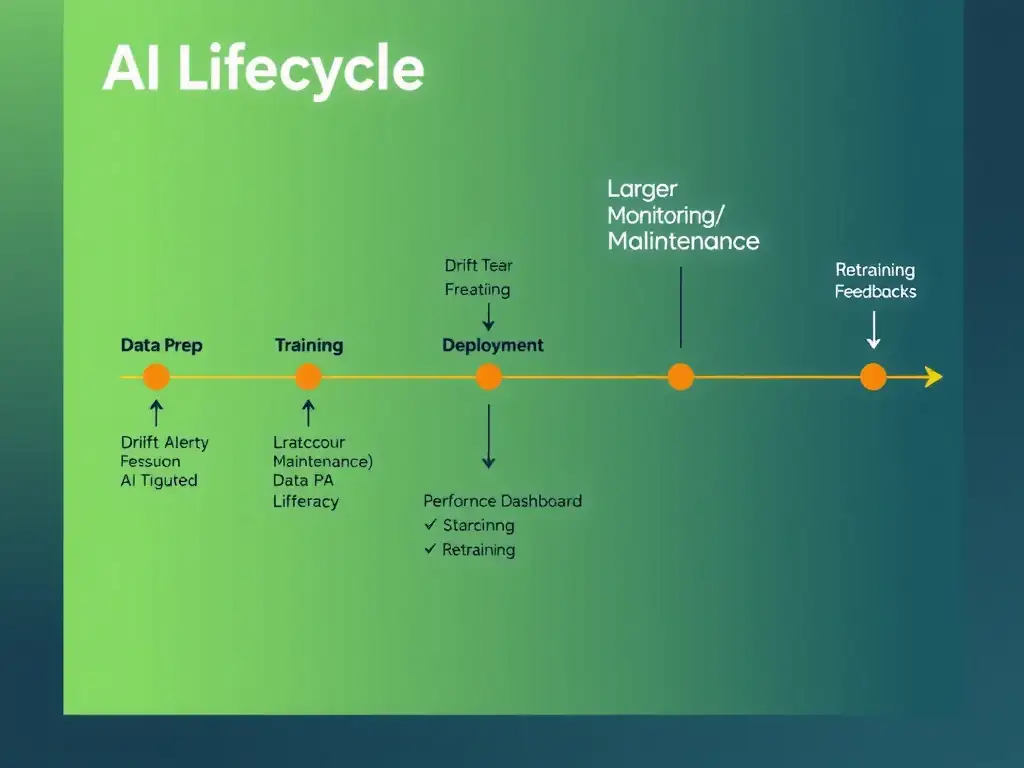 AI lifecycle timeline highlighting data prep, training, deployment, and a larger monitoring/maintenance stage with drift alerts, performance dashboards, and retraining feedback arrows for a fraud model.