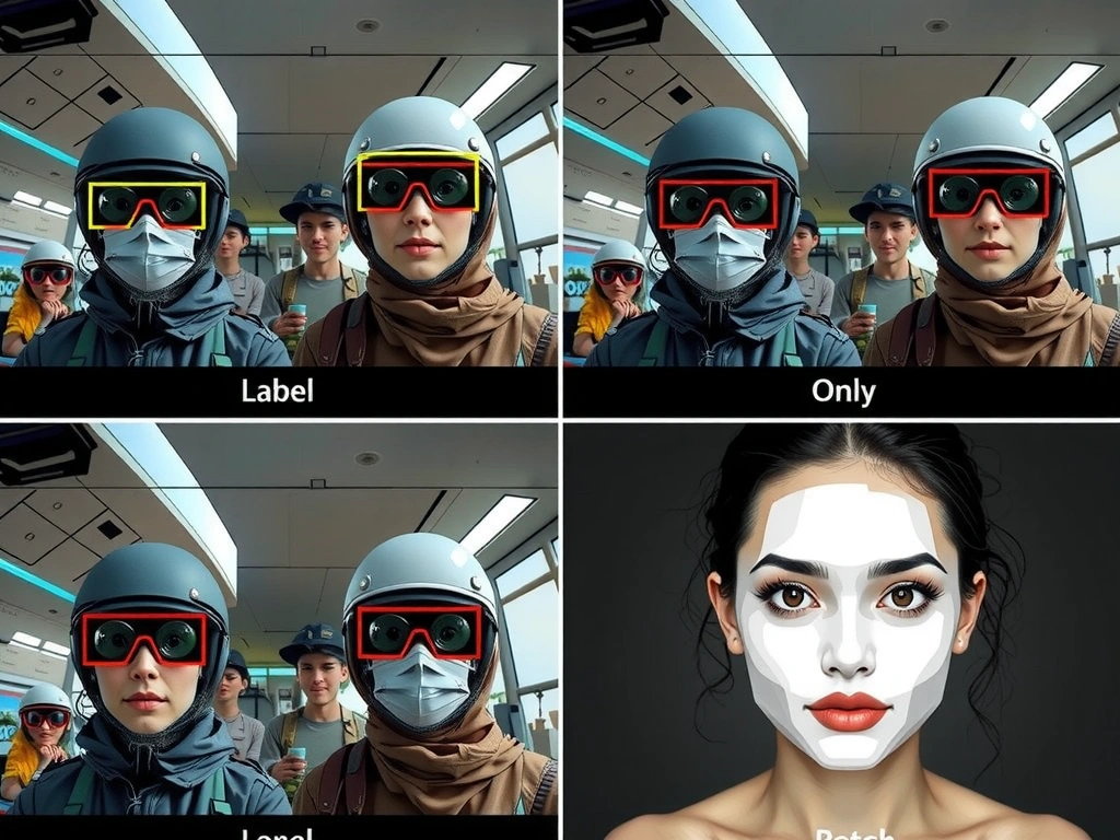 Four-quadrant comparison on a security camera frame: classification label only, detection boxes on faces, semantic segmentation masks, and a generative model creating a new image—highlighting detection as the match for face localization.