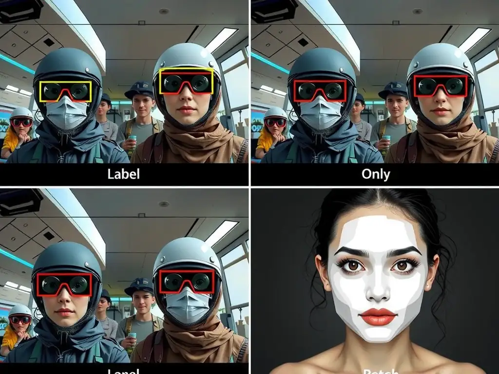 Four-quadrant comparison on a security camera frame: classification label only, detection boxes on faces, semantic segmentation masks, and a generative model creating a new image—highlighting detection as the match for face localization.