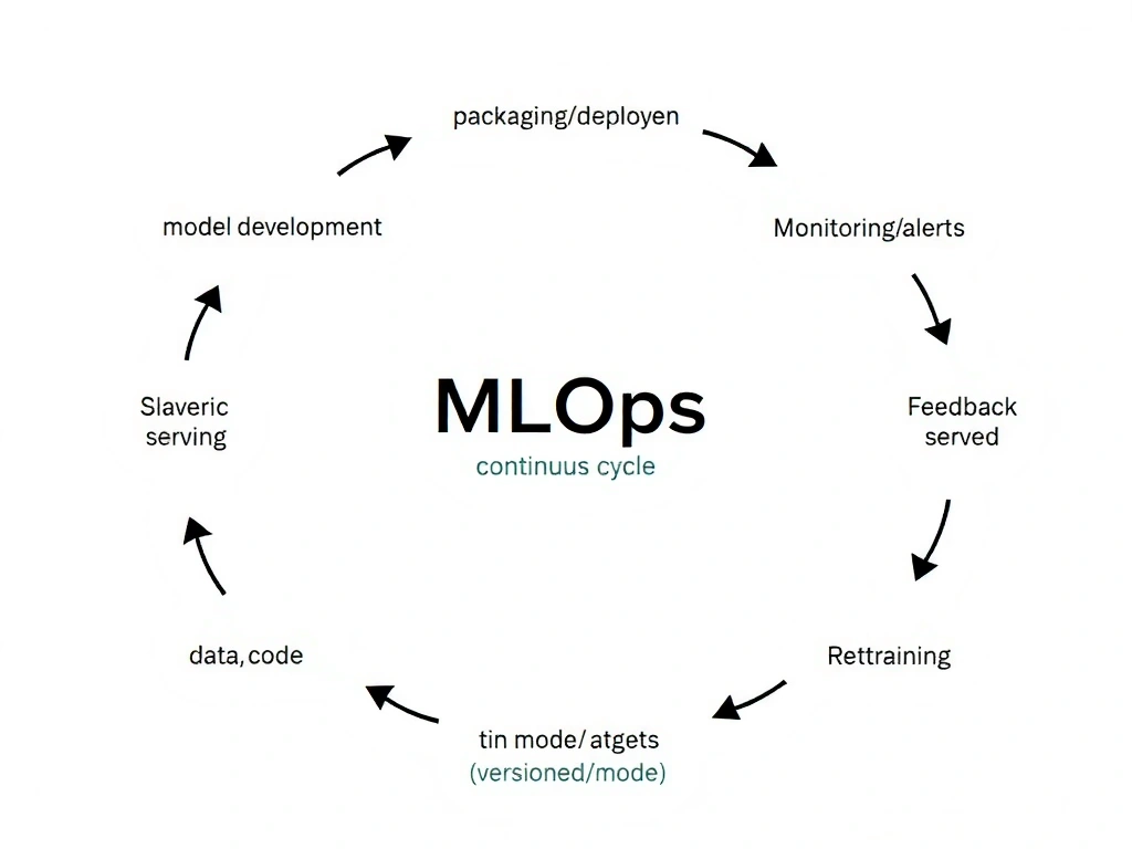MLOps continuous cycle diagram: model development → packaging/deployment → production serving → monitoring/alerts → feedback/retraining, with cross-functional roles and versioned artifacts (data, code, model) labeled around the loop.