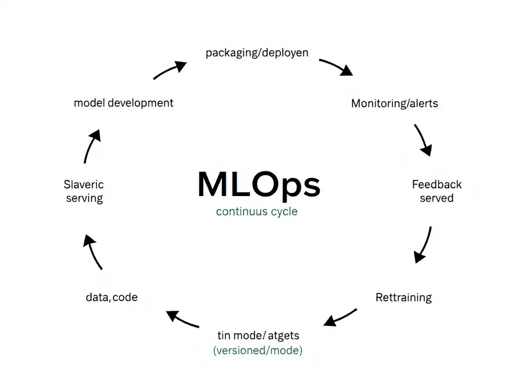 MLOps continuous cycle diagram: model development → packaging/deployment → production serving → monitoring/alerts → feedback/retraining, with cross-functional roles and versioned artifacts (data, code, model) labeled around the loop.