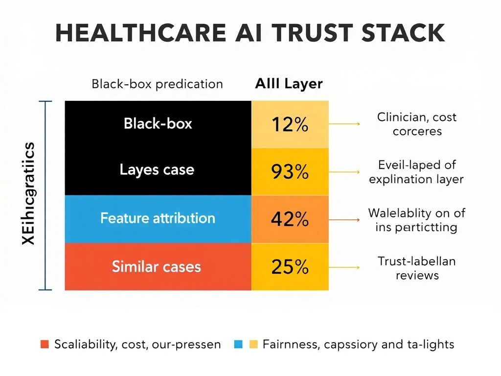 Healthcare AI trust stack: black-box prediction vs XAI explanation layer (feature attributions, similar cases), clinician review, and labeled contrast with scalability, cost, and fairness as related but distinct concerns.