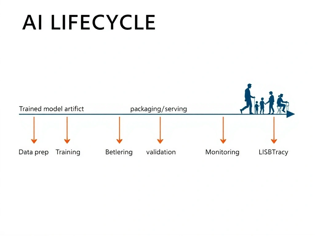 AI lifecycle timeline highlighting the deployment stage: trained model artifact → packaging/serving → API/batch consumers, with arrows separating data prep, training, validation, and monitoring stages.