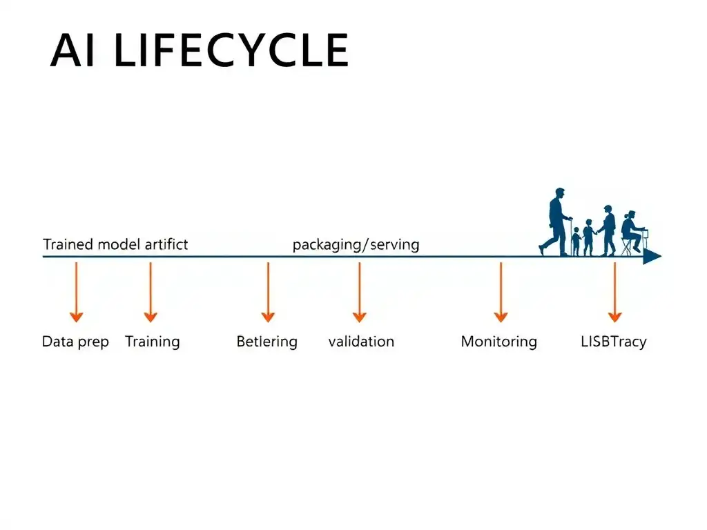 AI lifecycle timeline highlighting the deployment stage: trained model artifact → packaging/serving → API/batch consumers, with arrows separating data prep, training, validation, and monitoring stages.