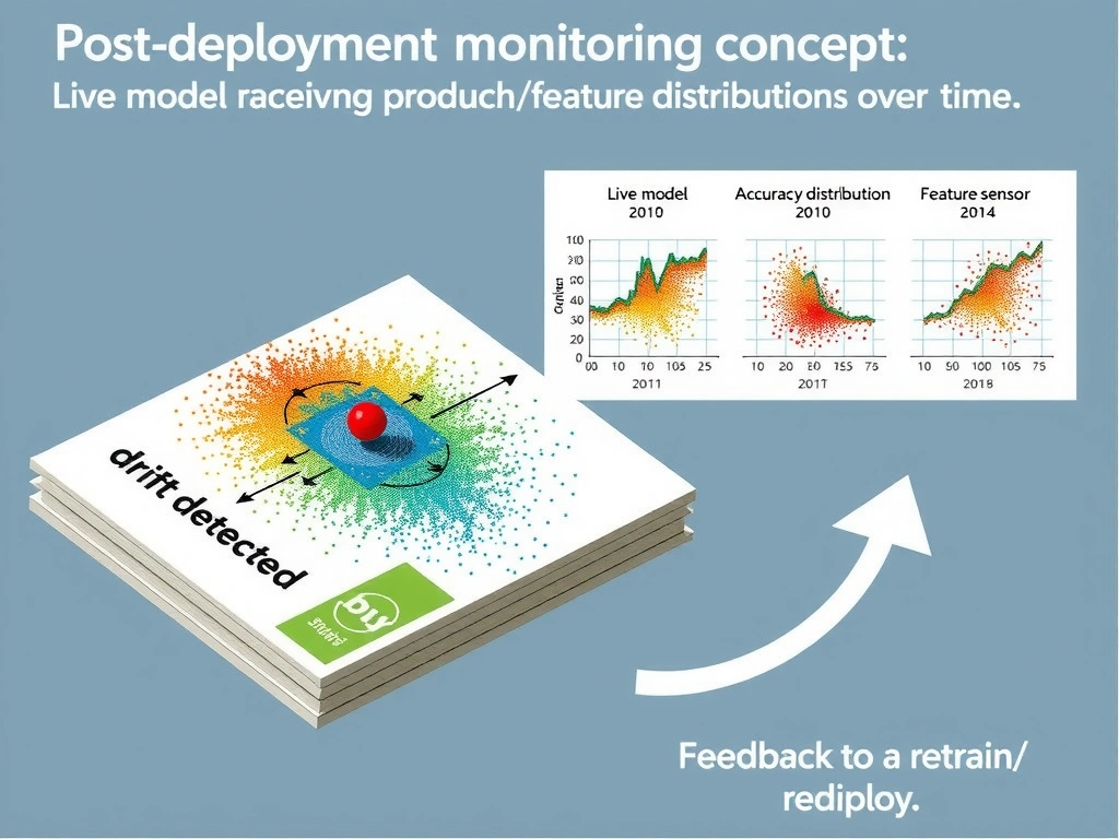 Post-deployment monitoring concept: live model receiving production sensor data, charts of accuracy and feature distributions over time, "drift detected" alert, and feedback arrow to retrain/redeploy.