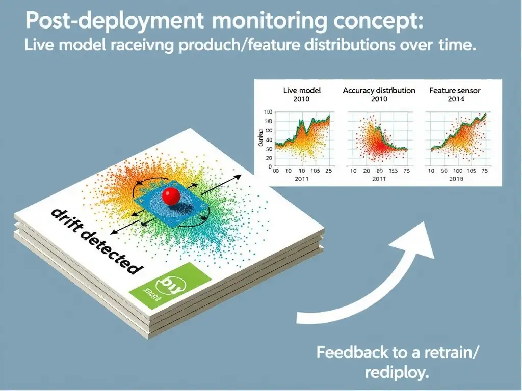 Post-deployment monitoring concept: live model receiving production sensor data, charts of accuracy and feature distributions over time, "drift detected" alert, and feedback arrow to retrain/redeploy.