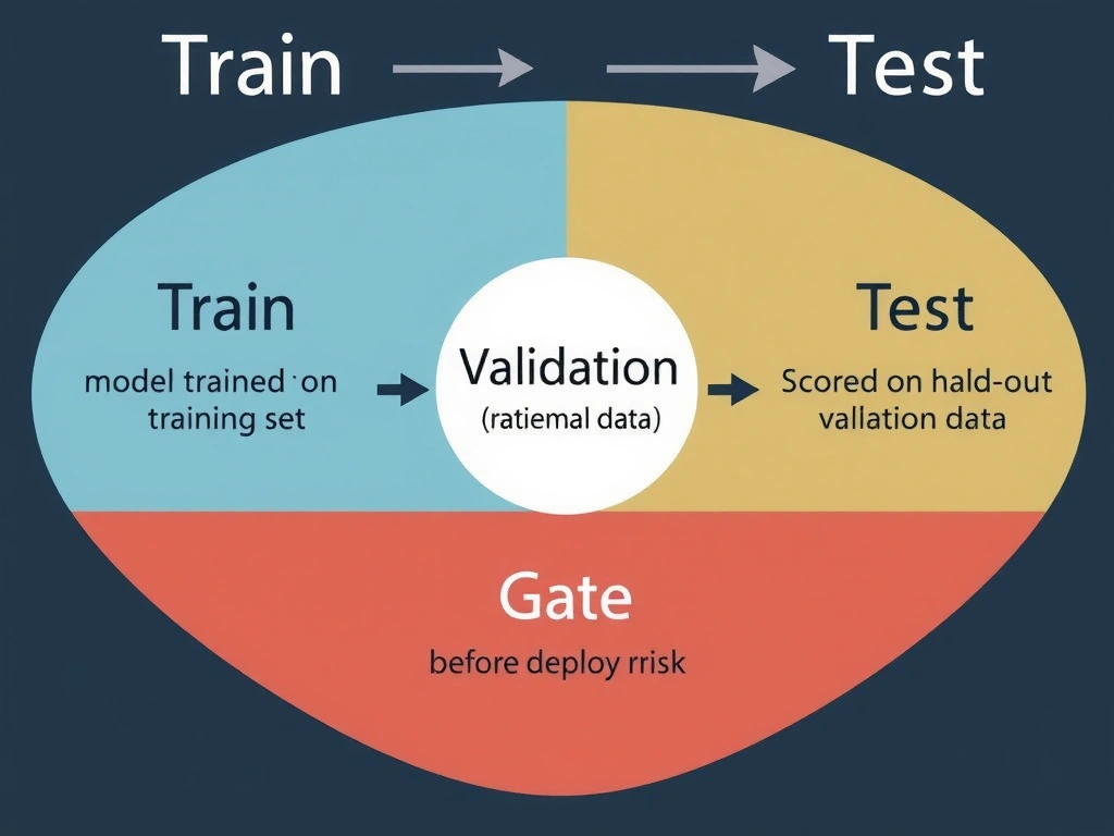 Train vs validation vs test split diagram: model trained on training set, scored on held-out validation data for generalization, gate before deployment; labels for overfitting risk if only train metrics are used.