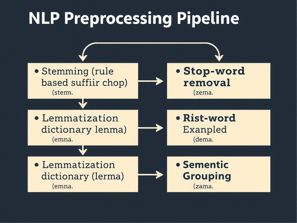 NLP preprocessing pipeline comparison: stemming (rule-based suffix chop to stem), lemmatization (dictionary lemma), stop-word removal, and semantic grouping as four distinct boxes with example word transformations.