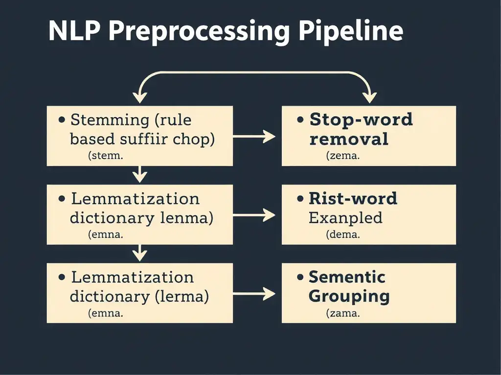 NLP preprocessing pipeline comparison: stemming (rule-based suffix chop to stem), lemmatization (dictionary lemma), stop-word removal, and semantic grouping as four distinct boxes with example word transformations.