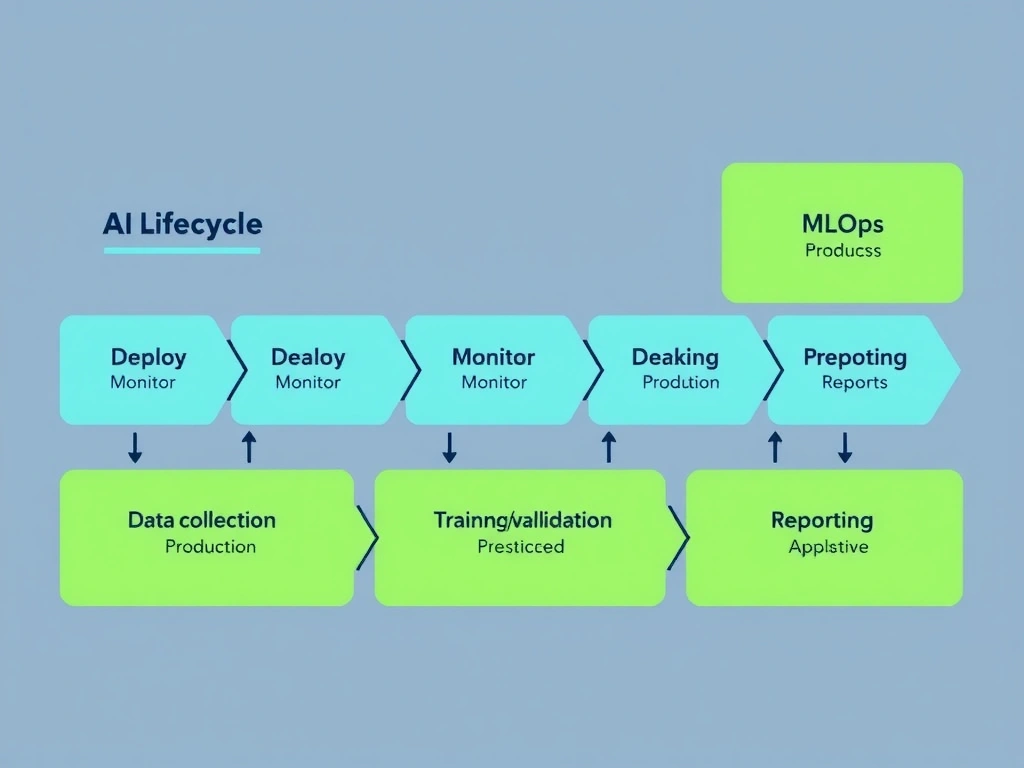 AI lifecycle with MLOps stage highlighted: deploy, monitor, maintain production models; adjacent stages for data collection, training/validation, and reporting shown as separate and not the primary MLOps focus.