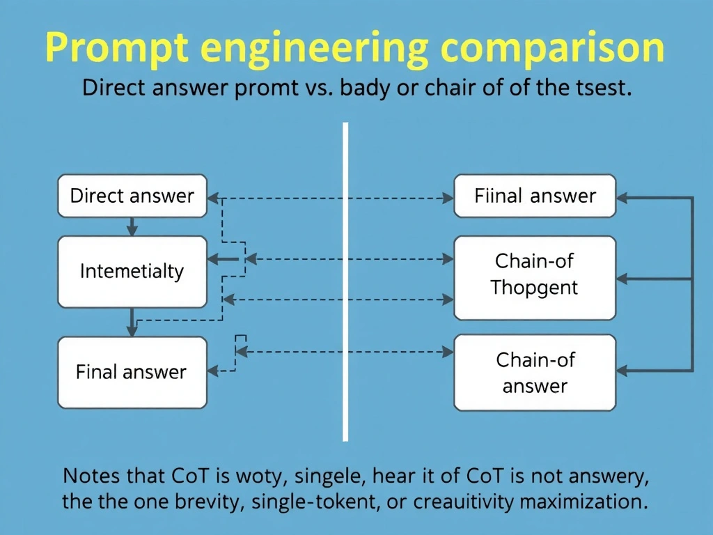 Prompt engineering comparison: direct answer prompt vs Chain-of-Thought prompt showing problem → intermediate steps 1..n → final answer; notes that CoT is not brevity, single-token output, or creativity maximization.