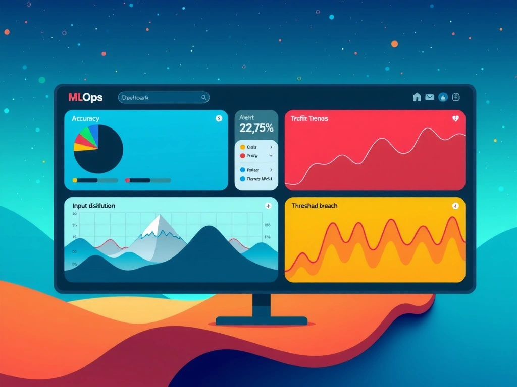 MLOps monitoring dashboard concept: live traffic into a model, panels for accuracy/KPI trends and input distribution drift, alert bell on threshold breach, optional path to investigate/retrain—not primary goals of data collection or hyperparameter search.