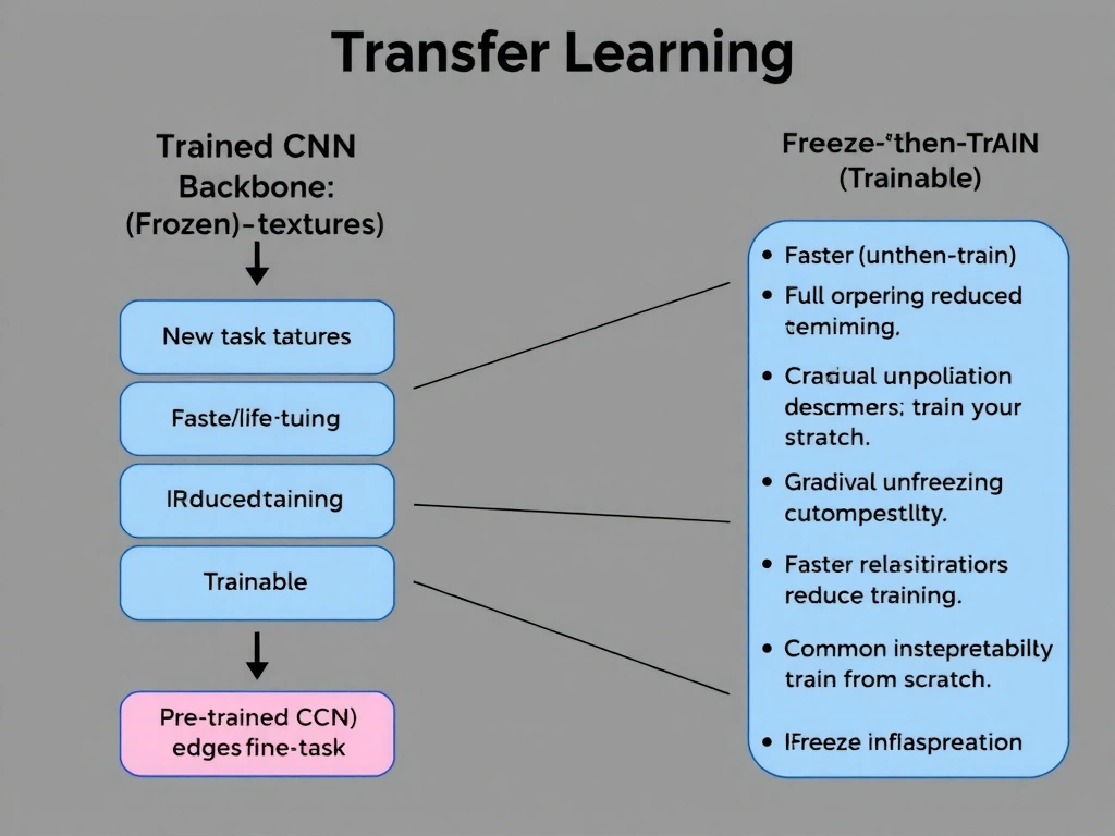 Transfer learning diagram: pre-trained CNN backbone with early layers marked frozen (edges/textures) and new task head marked trainable; arrows for faster training and reduced forgetting; side panel contrasting full fine-tuning vs freeze-then-train; callouts for gradual unfreezing and common misconceptions (interpretability, train from scratch).