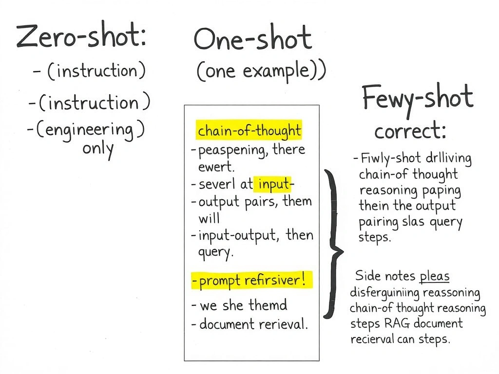 Prompt-engineering comparison: zero-shot (instruction only), one-shot (one example), few-shot (several input-output pairs then query); highlight few-shot as correct; side notes distinguishing chain-of-thought reasoning steps and RAG document retrieval.