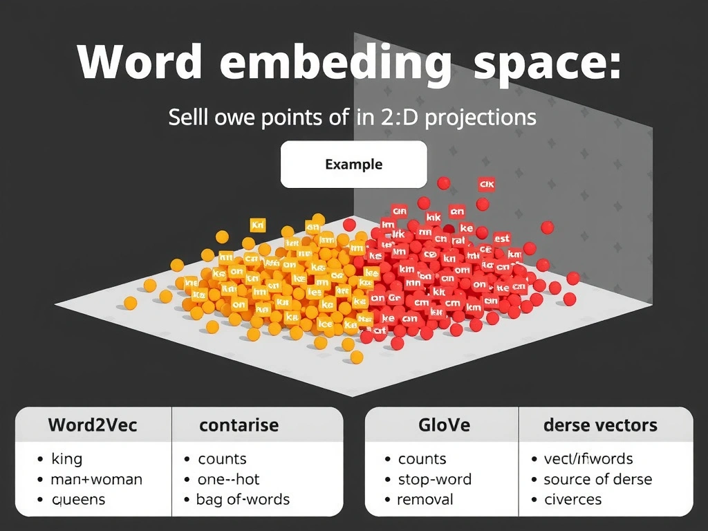Word embedding space concept: words as points in 2D projection with clusters of related terms; vector arithmetic example (king-man+woman≈queen); contrast panel for bag-of-words counts, one-hot, and stop-word removal; labels for Word2Vec and GloVe as sources of dense vectors.