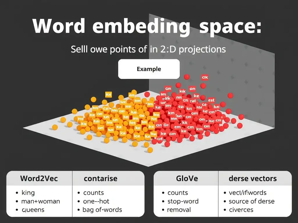 Word embedding space concept: words as points in 2D projection with clusters of related terms; vector arithmetic example (king-man+woman≈queen); contrast panel for bag-of-words counts, one-hot, and stop-word removal; labels for Word2Vec and GloVe as sources of dense vectors.