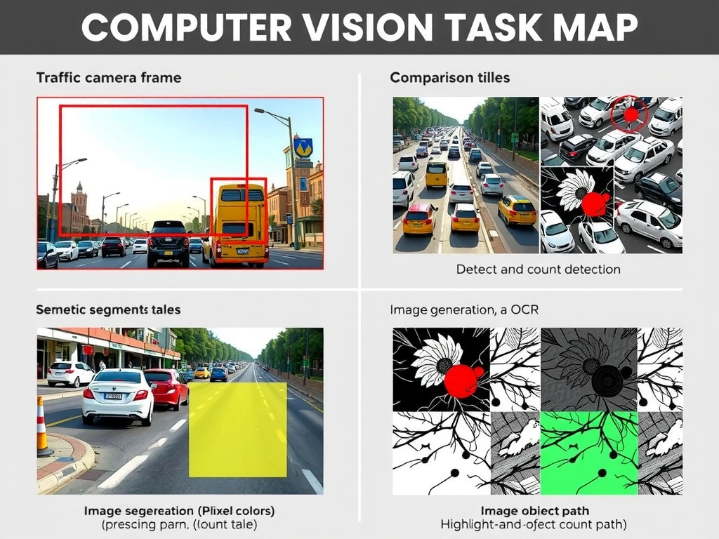 Computer vision task map: traffic camera frame with bounding boxes and count total; comparison tiles for image classification (single label), semantic segmentation (pixel colors), image generation, and OCR; highlight object detection as detect-and-count path.