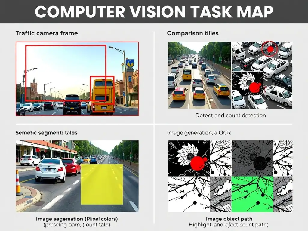 Computer vision task map: traffic camera frame with bounding boxes and count total; comparison tiles for image classification (single label), semantic segmentation (pixel colors), image generation, and OCR; highlight object detection as detect-and-count path.