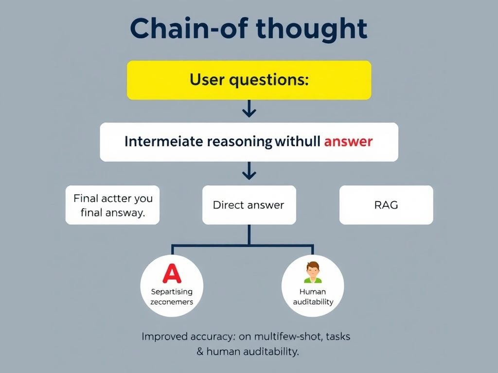 Chain-of-thought flow: user question → intermediate reasoning steps (numbered) → final answer; comparison to direct answer without steps; icons for improved accuracy on multi-step tasks and human auditability; notes separating CoT from zero/few-shot and RAG.
