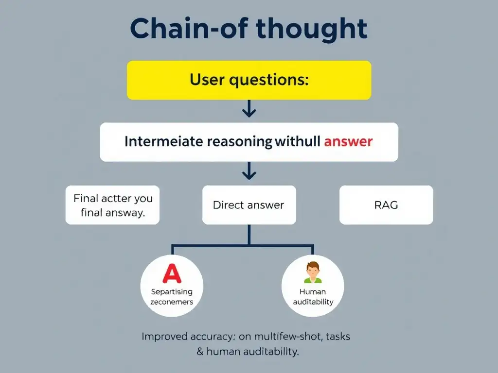 Chain-of-thought flow: user question → intermediate reasoning steps (numbered) → final answer; comparison to direct answer without steps; icons for improved accuracy on multi-step tasks and human auditability; notes separating CoT from zero/few-shot and RAG.