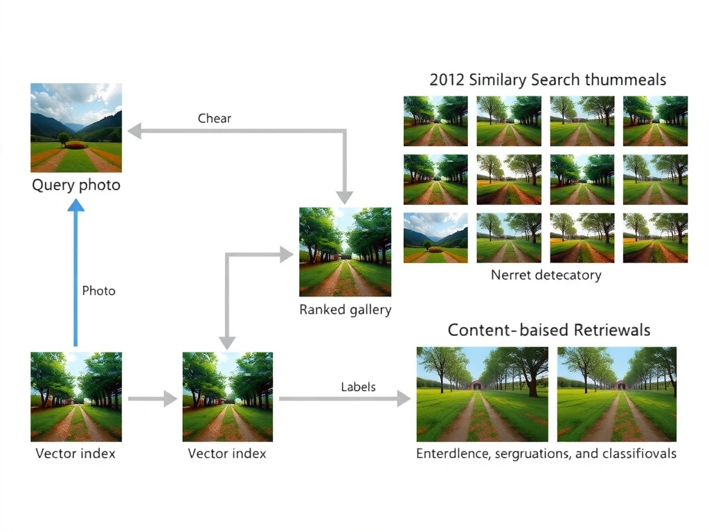 Image similarity search pipeline: query photo → embedding encoder → vector index → ranked similar gallery thumbnails; contrast boxes for object detection, segmentation, and classification; labels for embeddings, nearest neighbors, and content-based retrieval.