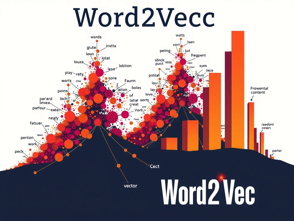 Word2Vec idea board: corpus contexts feeding training; words as points with similar terms clustered; contrast one-hot orthogonal axes, random vectors, and frequency bars; callout distributional hypothesis and similar context → similar vector.